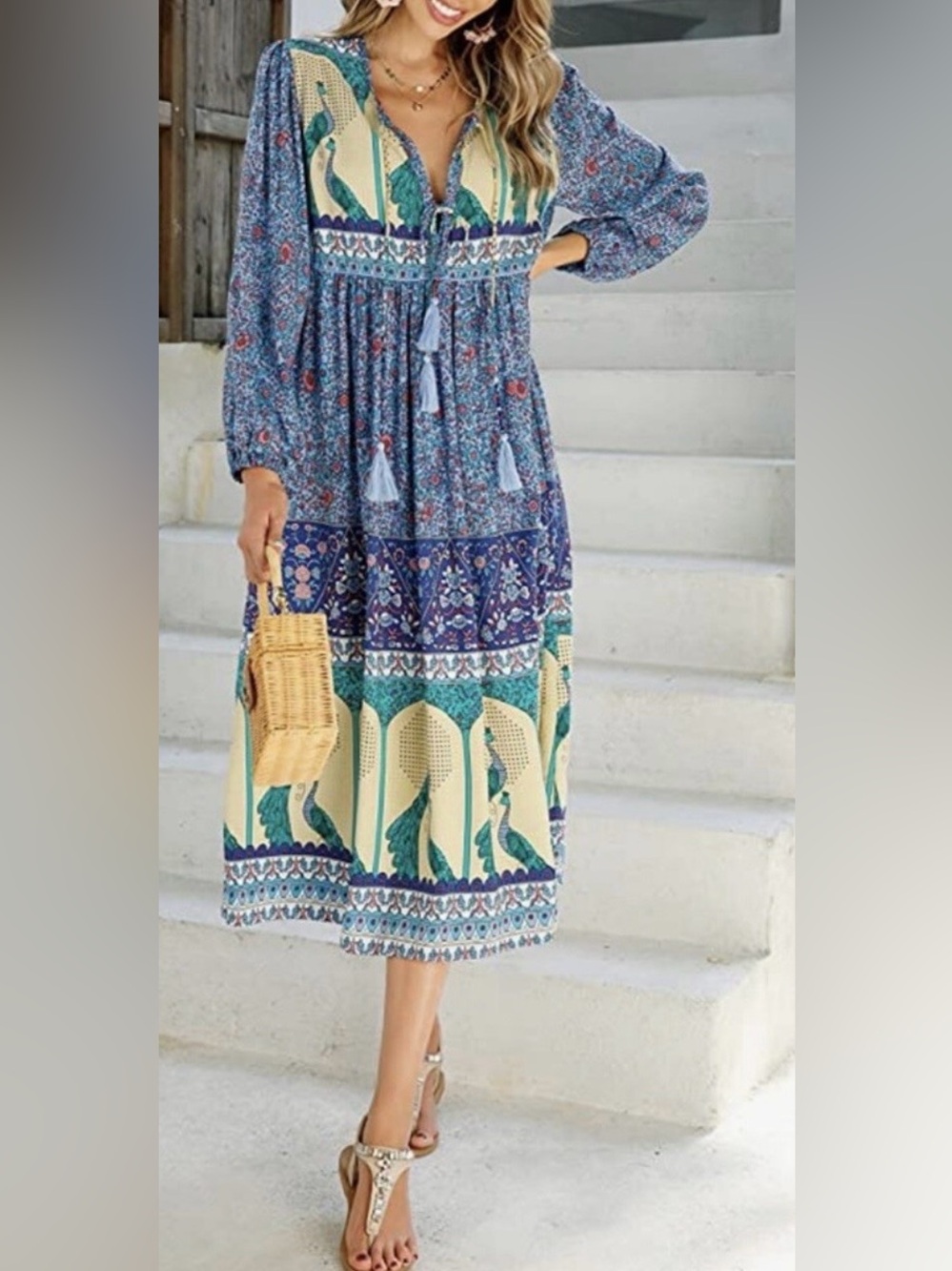 Boho Maxi Dress with Peacock Motif in Blue and Cream Sz M - Picture 3 of 11